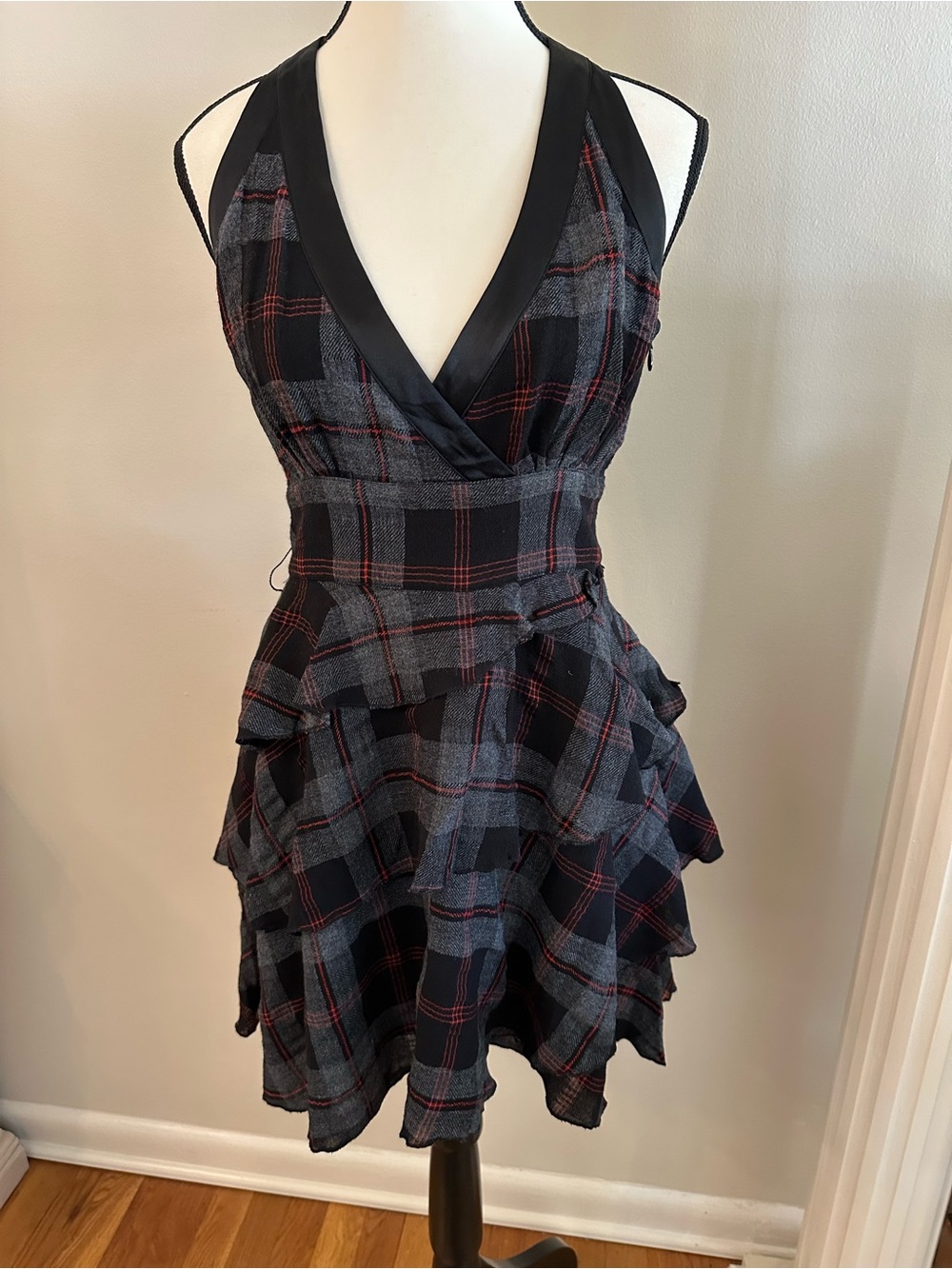 bebe Y2K Plaid Tiered Ruffle Racerback Mini Dress Black Gray Red S